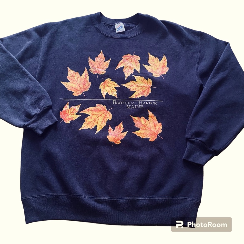 Jerzees L Black Fall Leaves Boothbay Harbor Maine Sweatshirt USA Vintage